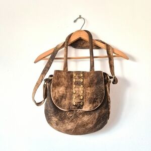 Calleen Cordero Brown Suede Leather Studded Distressed Boho Crossbody Satchel